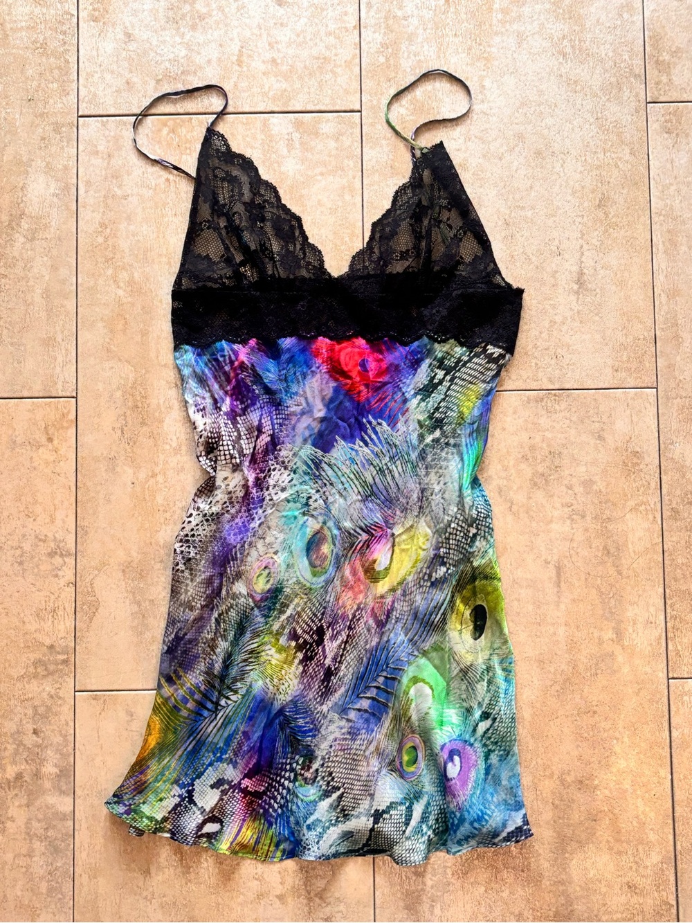 Black Lace & Multicolor Peacock-Print Slip Dress - Women Intimates
